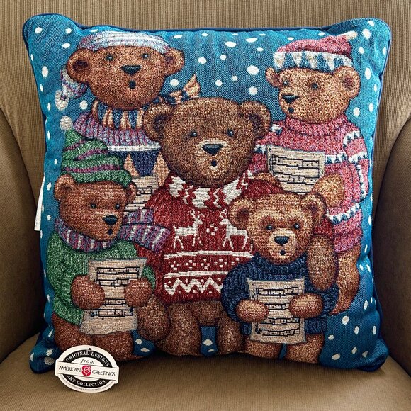 American Greetings Stuffed Animals Deals - New and used pre  Vtg AMERICAN GREETINGS Tapestry Pillow Christmas Teddy Bear Choir 18” Blue USA